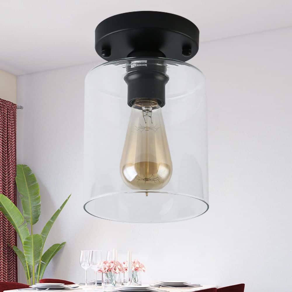 5.51 in. 1-Light Black Vintage Ceiling Light,Retro Semi Flush Mount with Clear Glass Shade for Hallway - Hercitys