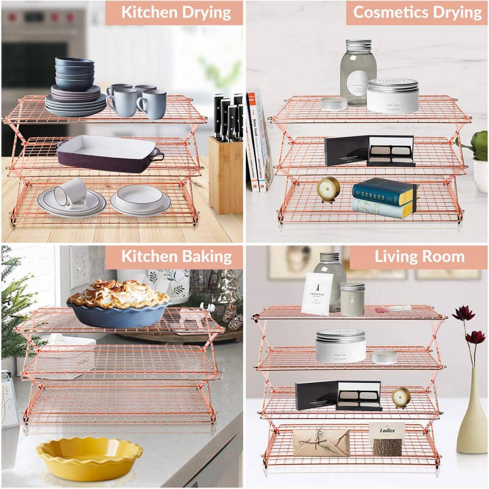 4-Tier RoseGold Collapsible Cooling Rack with Adjustable 3 Setting, Stackable Roasting Cooking Drying Wire Cooling Rack - Hercitys