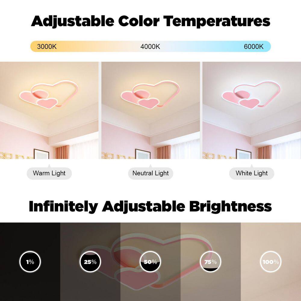 20.47 in. 1-Light Pink Modern Heart-Shaped Selectable LED Semi-Flush Mount Ceiling Light with Remote Control - Hercitys