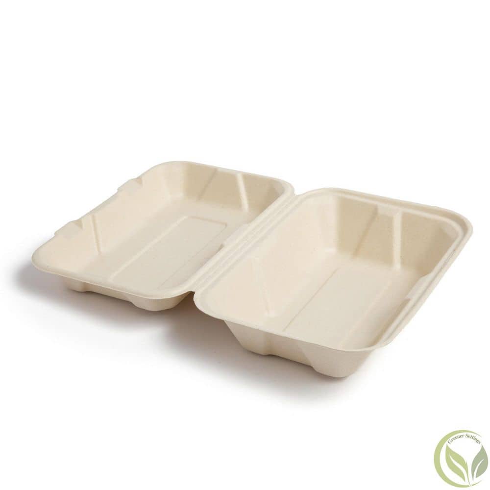 100% Compostable Paper Take-Out Container 9 in. x 6 in. Clamshell [75-Pack] - Hercitys