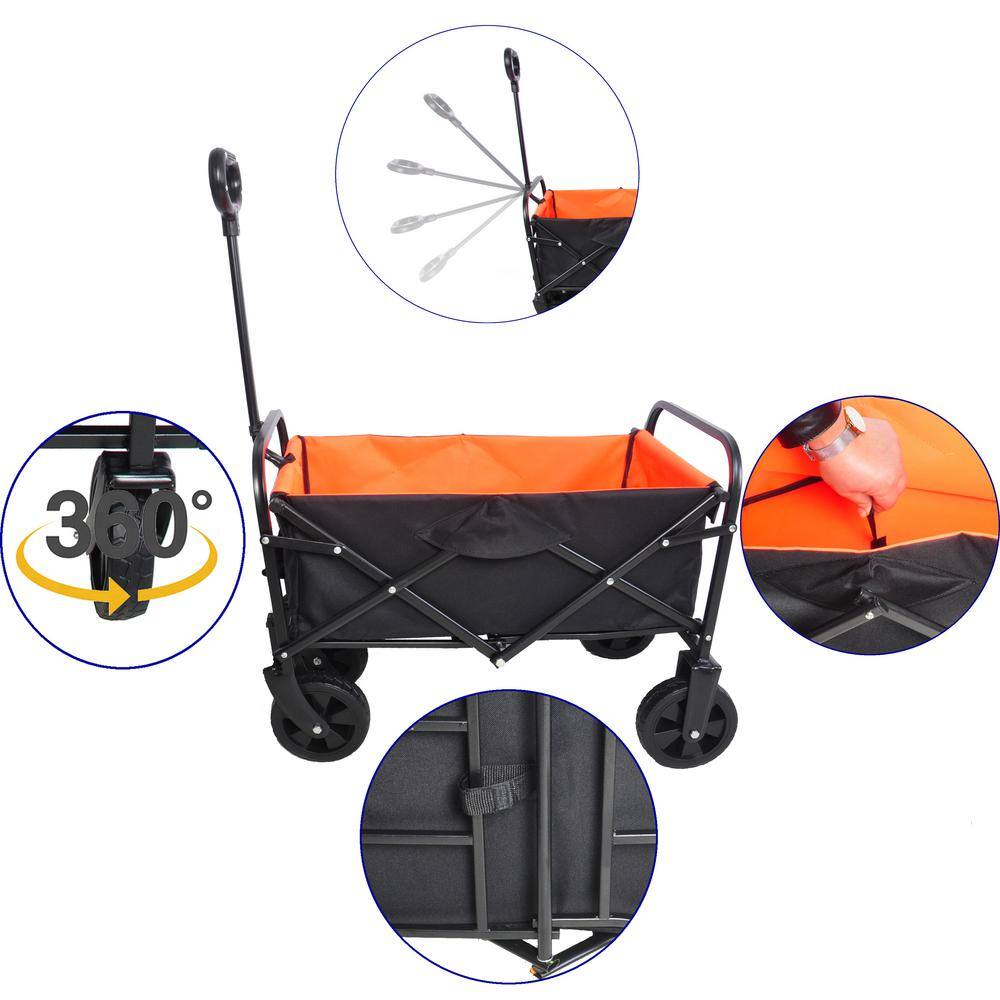 4 cu. ft. Foldable Fabric Garden Cart Outdoor Collapsible Moving Trailer Beach Cart with Big Wheels, Black and Orange - Hercitys