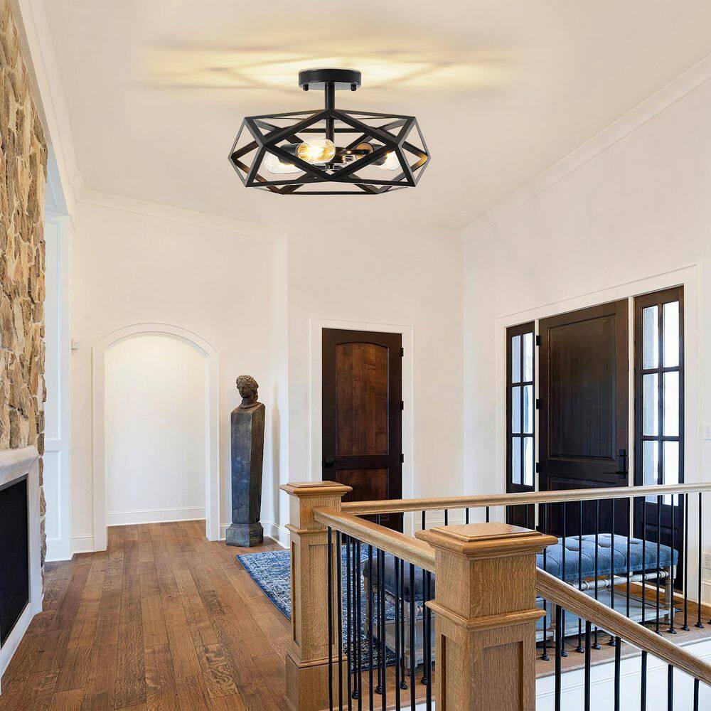 16.1 in. 3-Light Black Geometric Semi Flush Mount Ceiling Light with No Bulbs Included - Hercitys