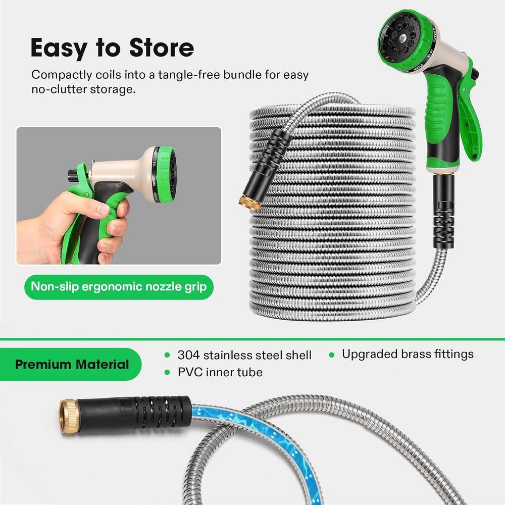 5/8 in. Dia. x 100 ft. Stainless Steel Water Hose with Brass Fittings and 10 Function Nozzle - Hercitys