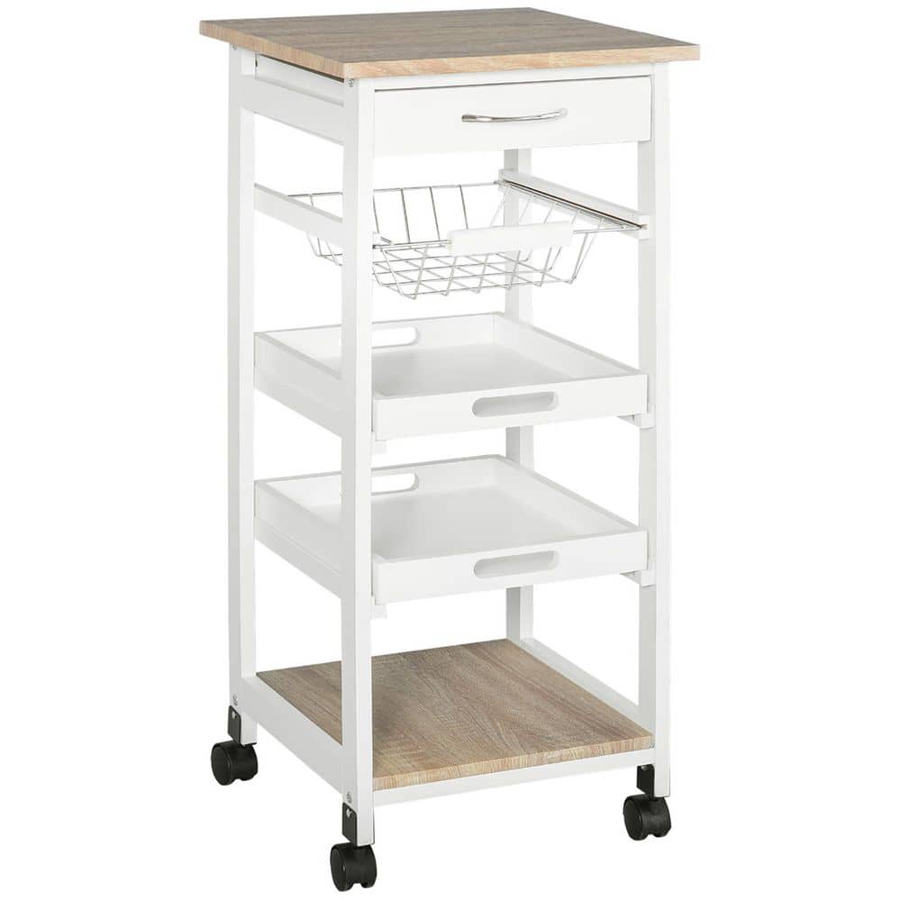 5-Tier Solid  Wood 4-Wheeled Mobile Kitchen Cart with Storage, Wire Fruit Baskets, Trays and Drawer, White - Hercitys