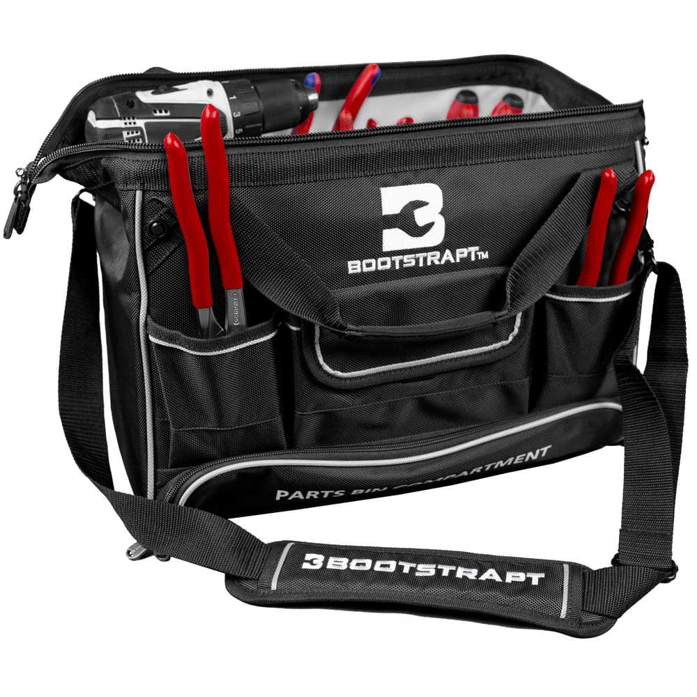 16 in. Large Mouth Tool Bag with Integrated Parts Bin Compartment - Hercitys