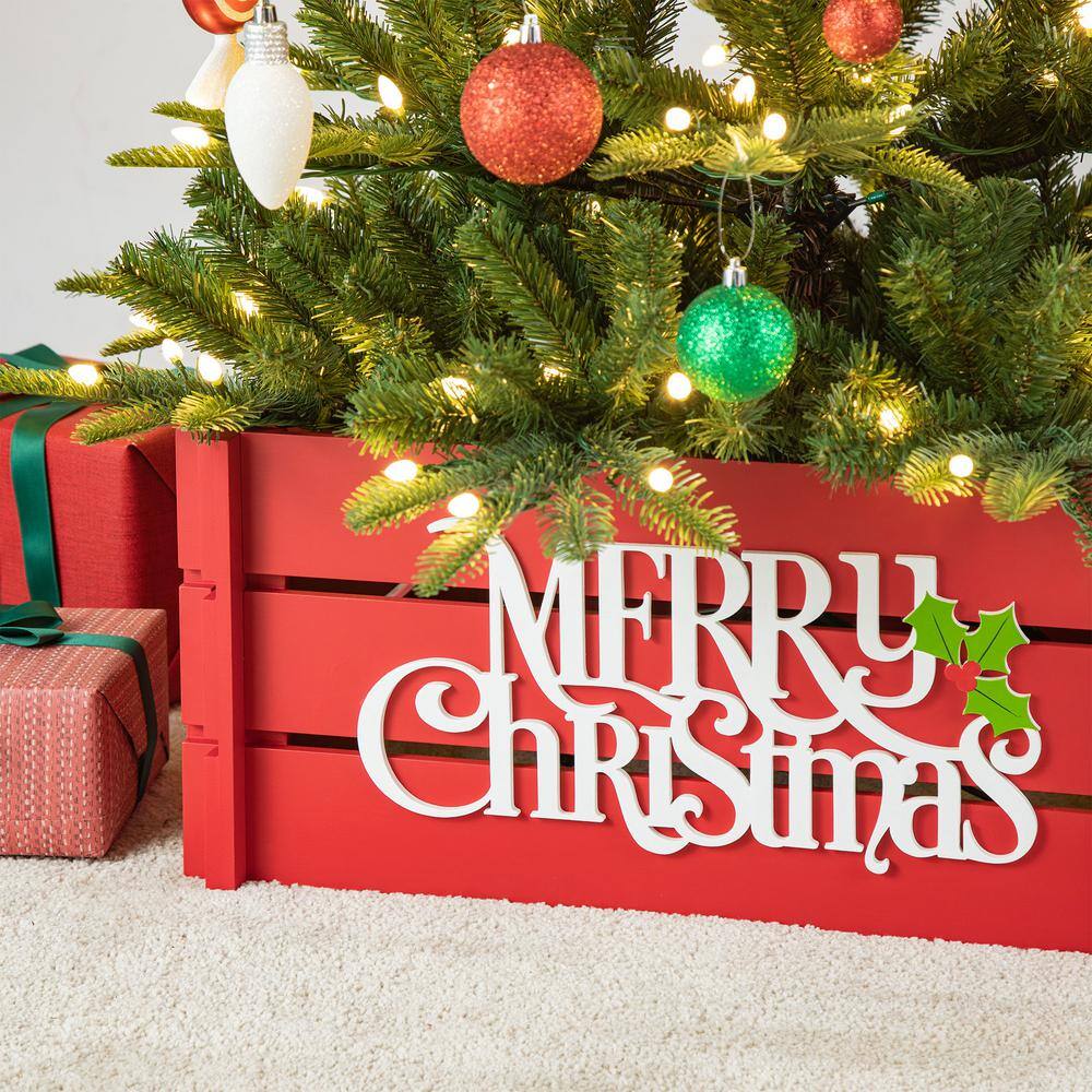24 in. L Red “MERRY CHRISTMAS” Wooden Crate Tree Collar - Hercitys