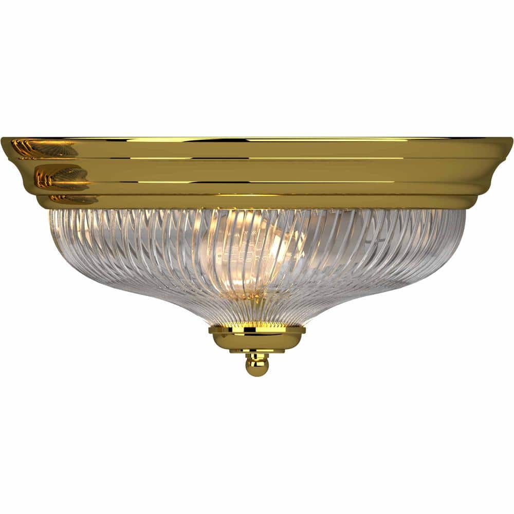 15 in. 3-Light Polished Brass Indoor Flush Mount with Clear Ribbed Glass Bowl - Hercitys