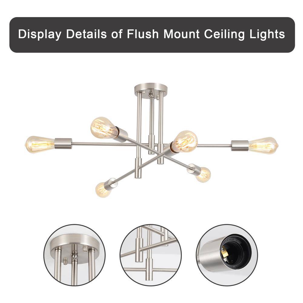 27.56 in. 6-Light Nickel Sputnik Semi- Flush Mount Ceiling Lights with 360°Rotatable Light Arm - Hercitys