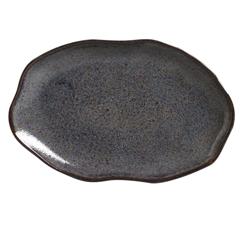 11.81 in. Titanium Dark Blue Stoneware Shallow Oval Platter Medium (Set of 4) - Hercitys