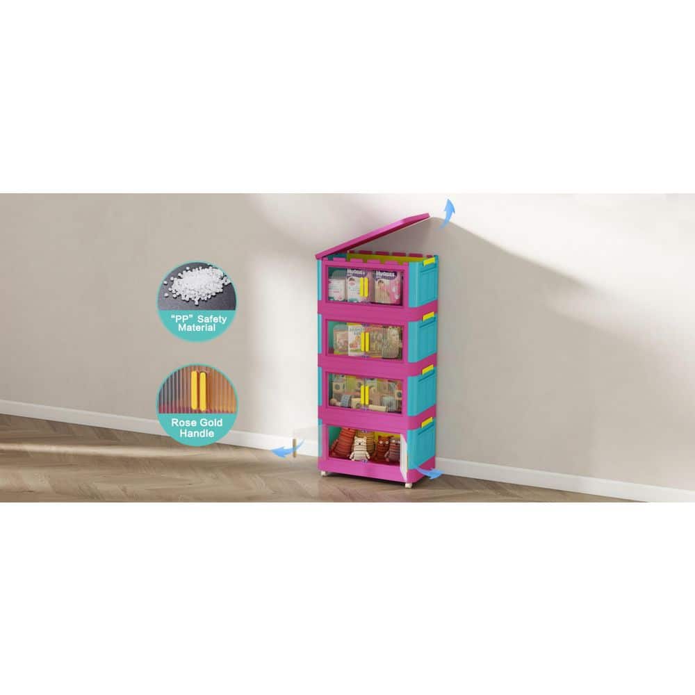 5 Tiers Kitchen Pantry, Folding Storage Cabinet, Collapsible Storage Bins with Magnetic Door and Wheels in Blue+Pink - Hercitys