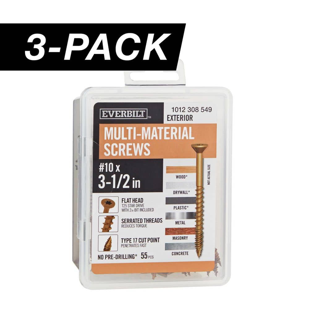 3-Pack #10 x 3-1/2 in. Brown 6-Lobe Star Drive Exterior Flat Head Multi-Material Screw (3 lbs. / 165-Piece) - Hercitys