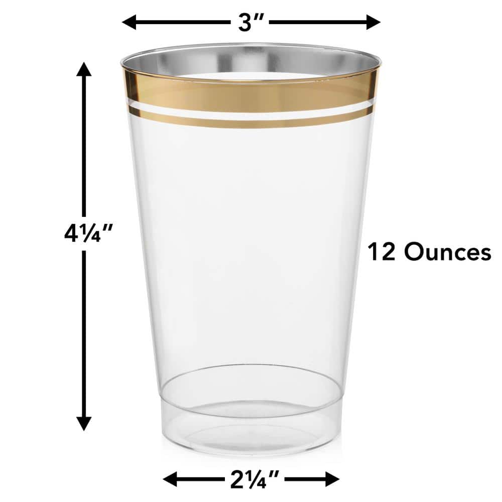 12 oz. 2-Line Gold Rim Clear Disposable Plastic Cups, Party, Cold Drinks, (100/Pack) - Hercitys