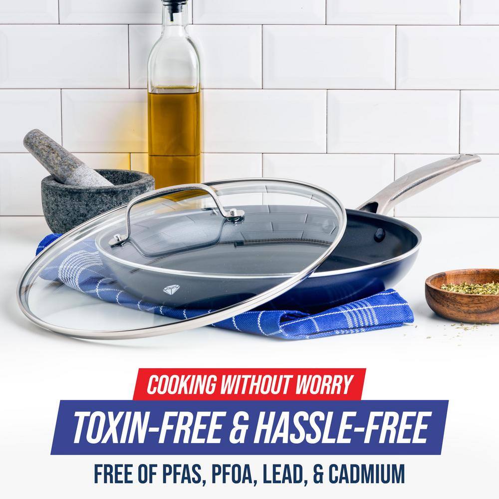 12 in. Aluminum Diamond Infused Toxin-Gree Nonstick Non-Induction Frying Pan Skillet in Blue with Handle and Glass Lid - Hercitys