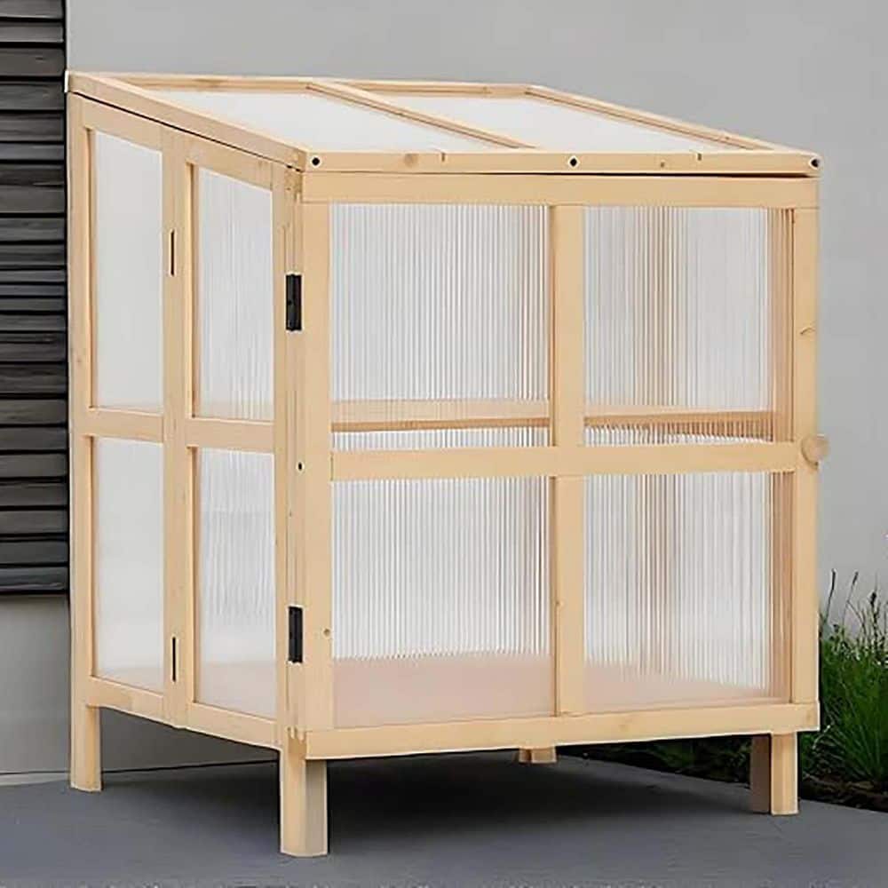 23.6 in. W x 24.4 in. D x 31.7 in. H Natural Wood Greenhouse, Foldable Cold Frame Greenhouse, Portable Wooden Greenhouse - Hercitys