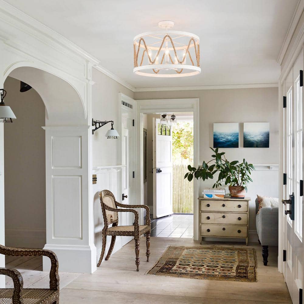 19.68 in. 5-Light White Drum Metal Hemp Rope Semi-Flush Mount Light，No Bulbs Included - Hercitys