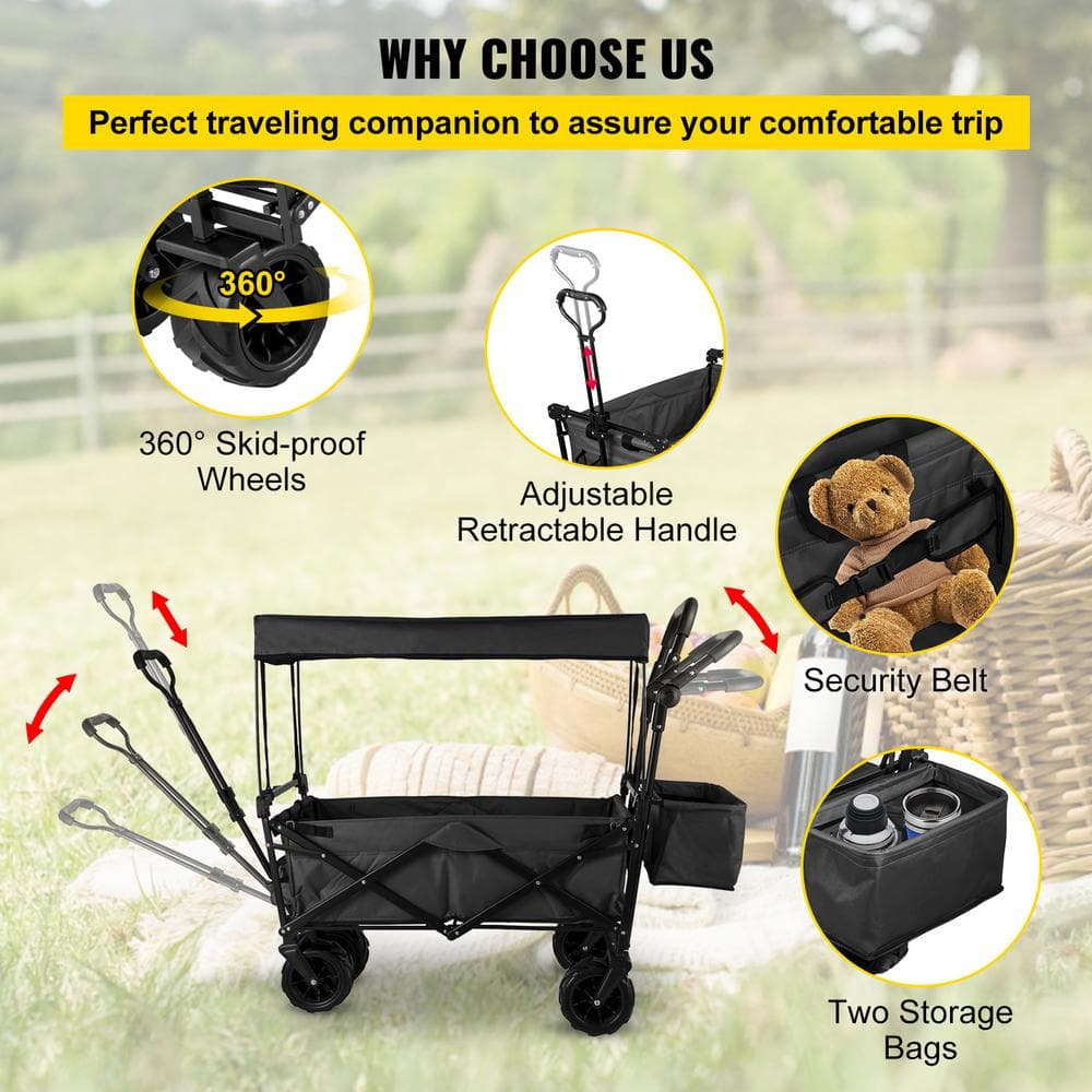 3 cu. ft. Steel Extra Large Collapsible Garden Cart with Removable Canopy, Folding Wagon Utility Carts with Wheels - Hercitys