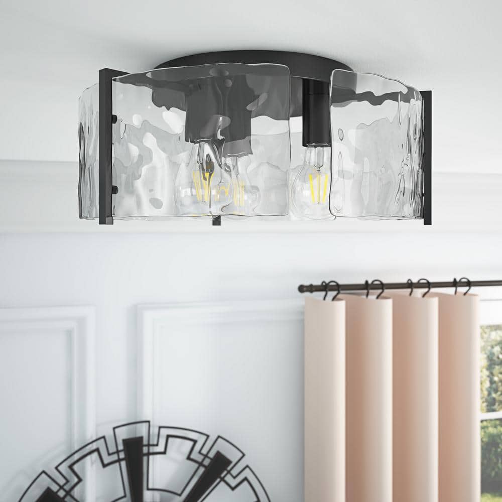 14.17 in. 3-Light Industrial Black Flush Mount Modern Ceiling Lighting Fixture with Water Glass Shade - Hercitys