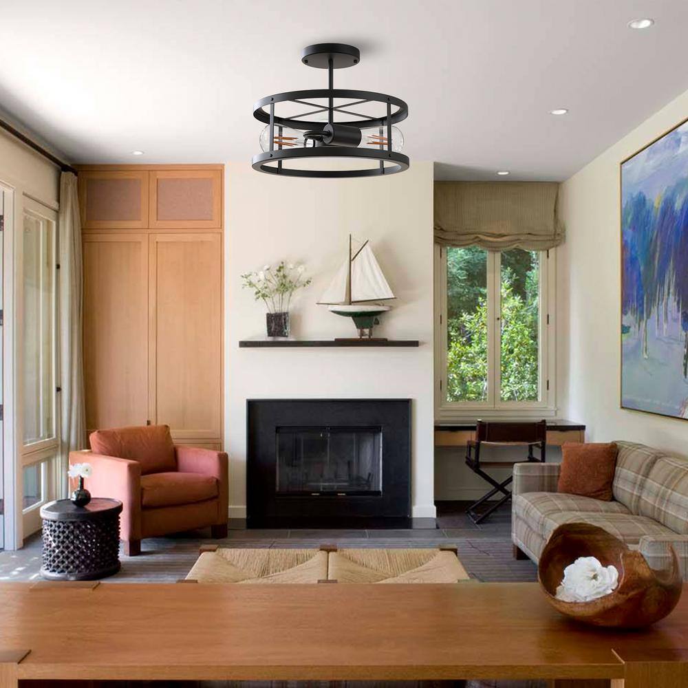 13 in. 2-Light Matte Black Drum Flush Mount - Hercitys