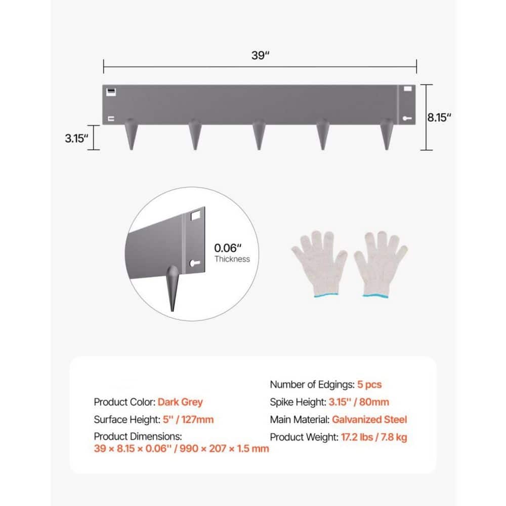 5-Pack 39 in. x 5 in. x 0.06 in. Dark Gray Steel Landscape Edging, Rust-Resistant Lawn Edge for Garden Yard - Hercitys