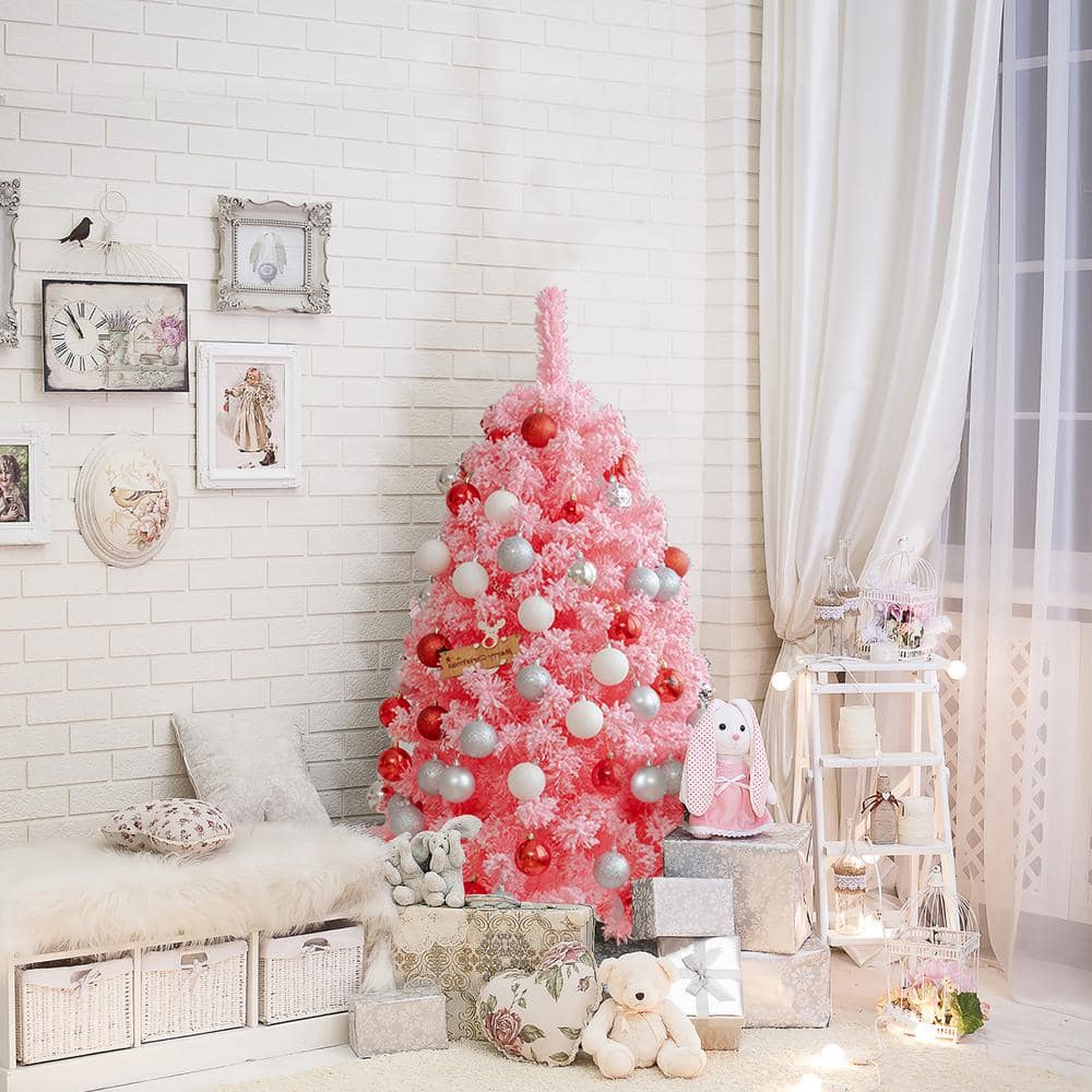 4.5 ft. Snow Flocked Hinged Artificial Christmas Tree with Metal Stand Pink - Hercitys