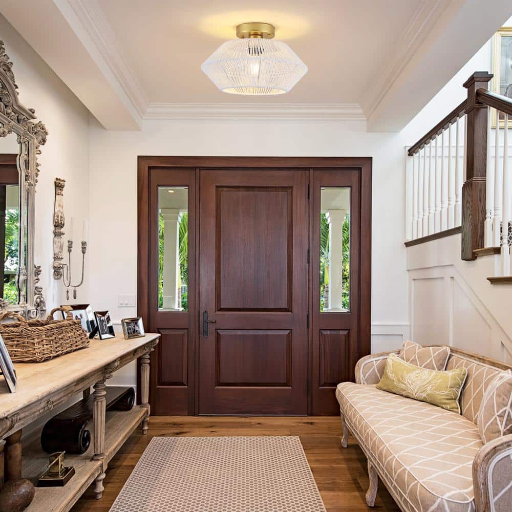 12.59 in. 1-Light Gold and White Metal Semi-Flush Mount Light with Imitation Hemp Rope Shade and No Bulbs Included - Hercitys