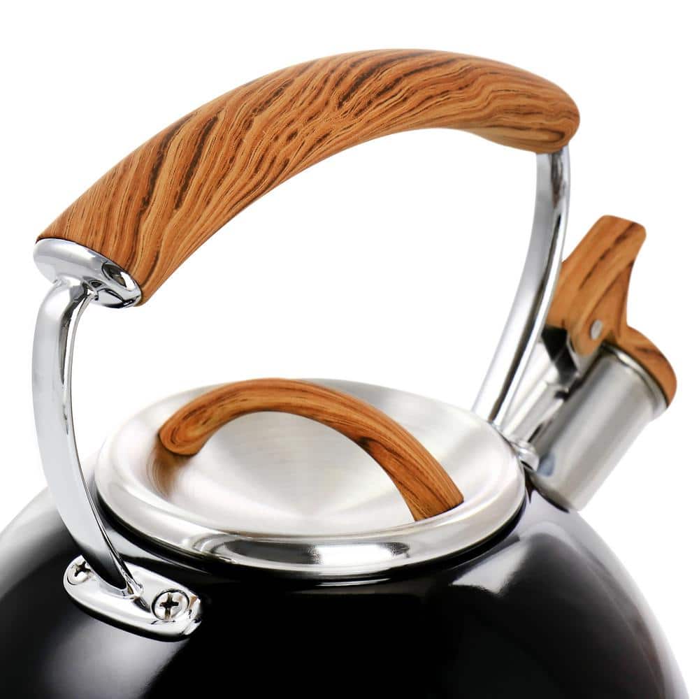 2-Quart 8-Cup Black Stainless Steel Whistling Tea Kettle with Wood Pattern Handle - Hercitys