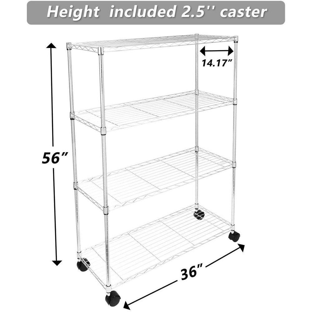 4-Shelf Silver Kitchen Cart Shelving Unit Wheel and Adjustable Feet Display Rack Shelf Rack Metal Free Standing Corner - Hercitys