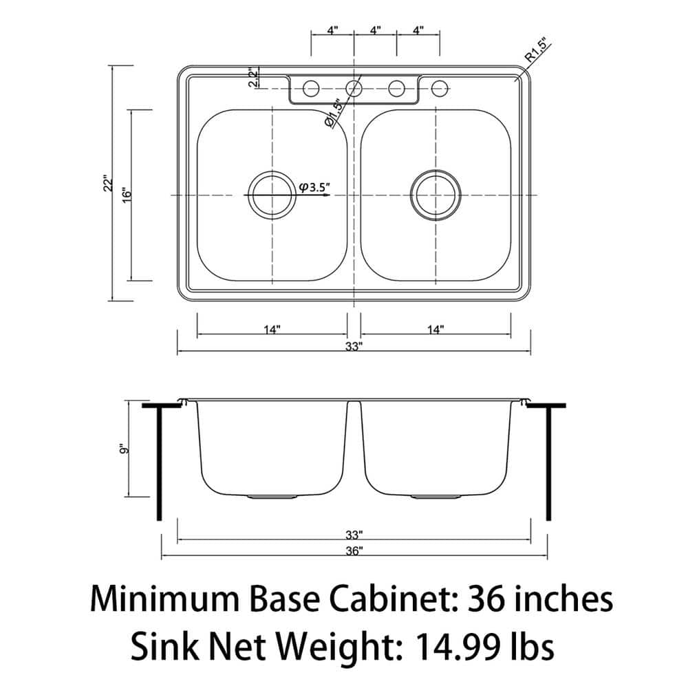 304 Stainless Steel 18 Gauge 33 in. Double Bowl Drop-In Kitchen Sink - Hercitys