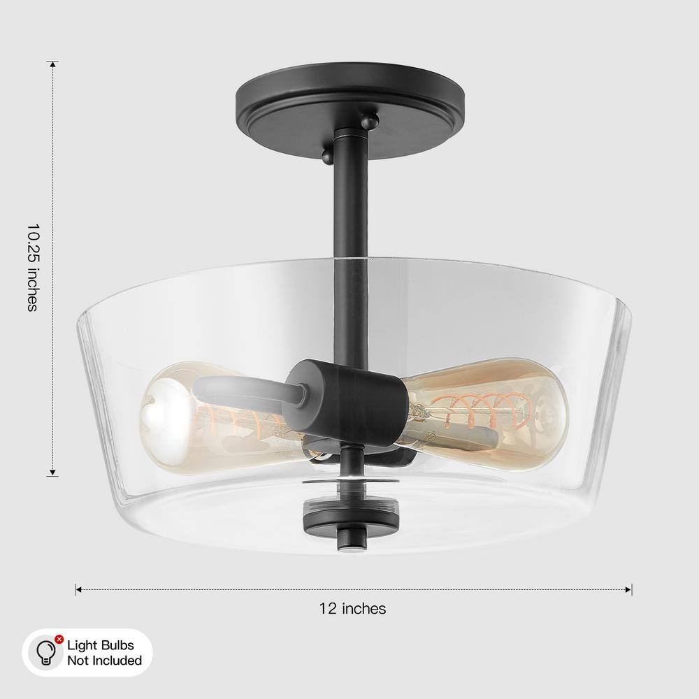 12 in. 2-Light Matte Black Round Semi-Flush Mount, Modern Ceiling Light with Clear Glass Drum Shade - Hercitys