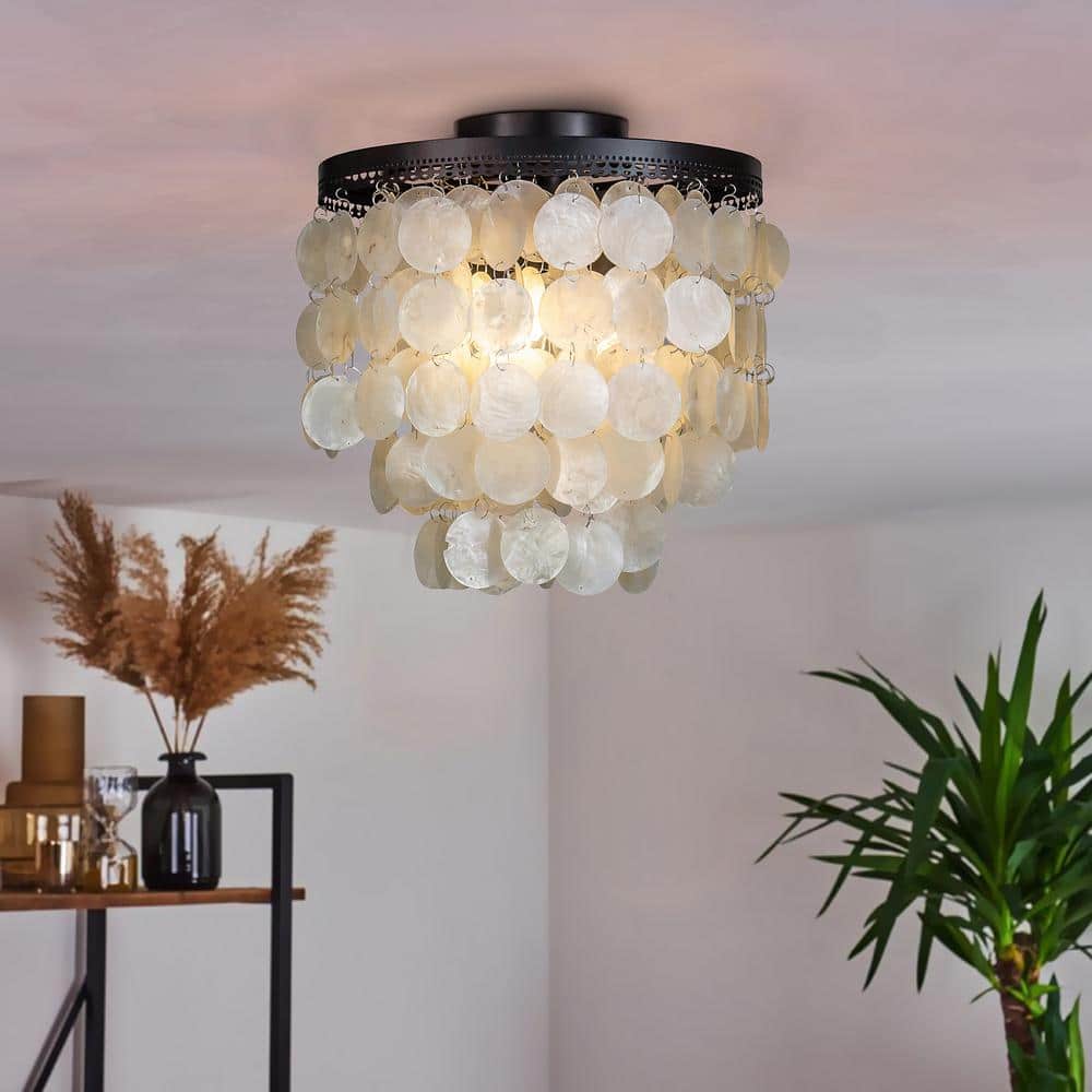 13in 3-Light Small Coastal Natural Capiz Seashell Flush Mount Lighting in Antique Brass - Hercitys