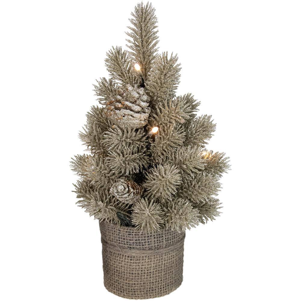 12 in. LED Pre-lit Gold Metallic Glitter Artificial Christmas Tree with Burlap Base – Clear Lights - Hercitys