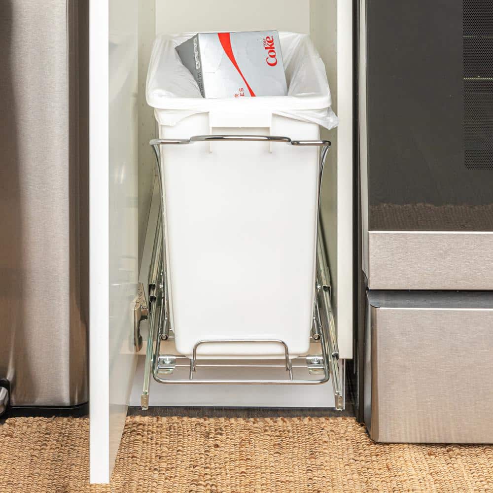 15 in. Single Sliding Trash Can in Chrome with 5 Gal. White Bin - Hercitys