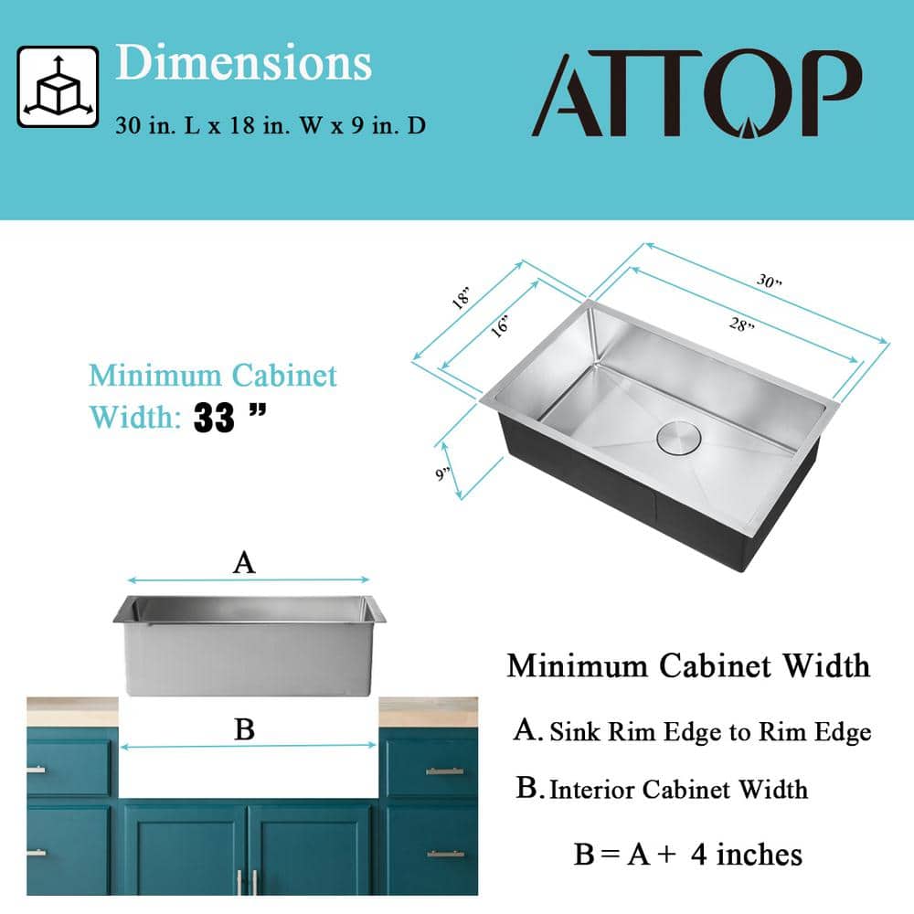 18- Gauge Stainless Steel 30 in. Single Bowl Undermount Kitchen Sink with Bottom Grid - Hercitys