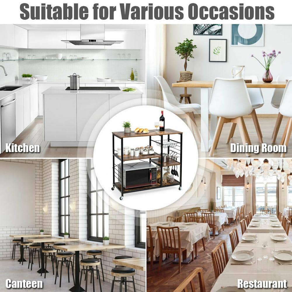 35 1/2 in. W Metal Frame Brown Engineered Wood Shelf Small Rolling Kitchen Cart Trolley on the Wheels - Hercitys