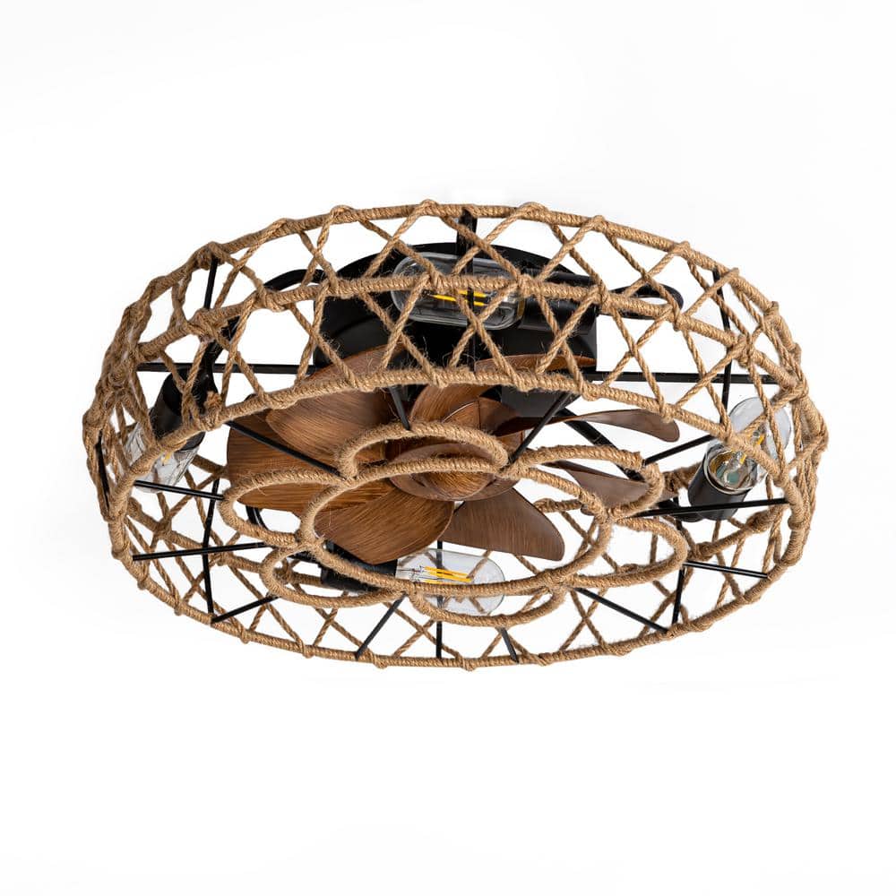 19 in. Indoor 4-Light Brown Hugger Farmhouse Small Ceiling Fan with Hemp-Rope-Frame Light Kit and Remote Included - Hercitys