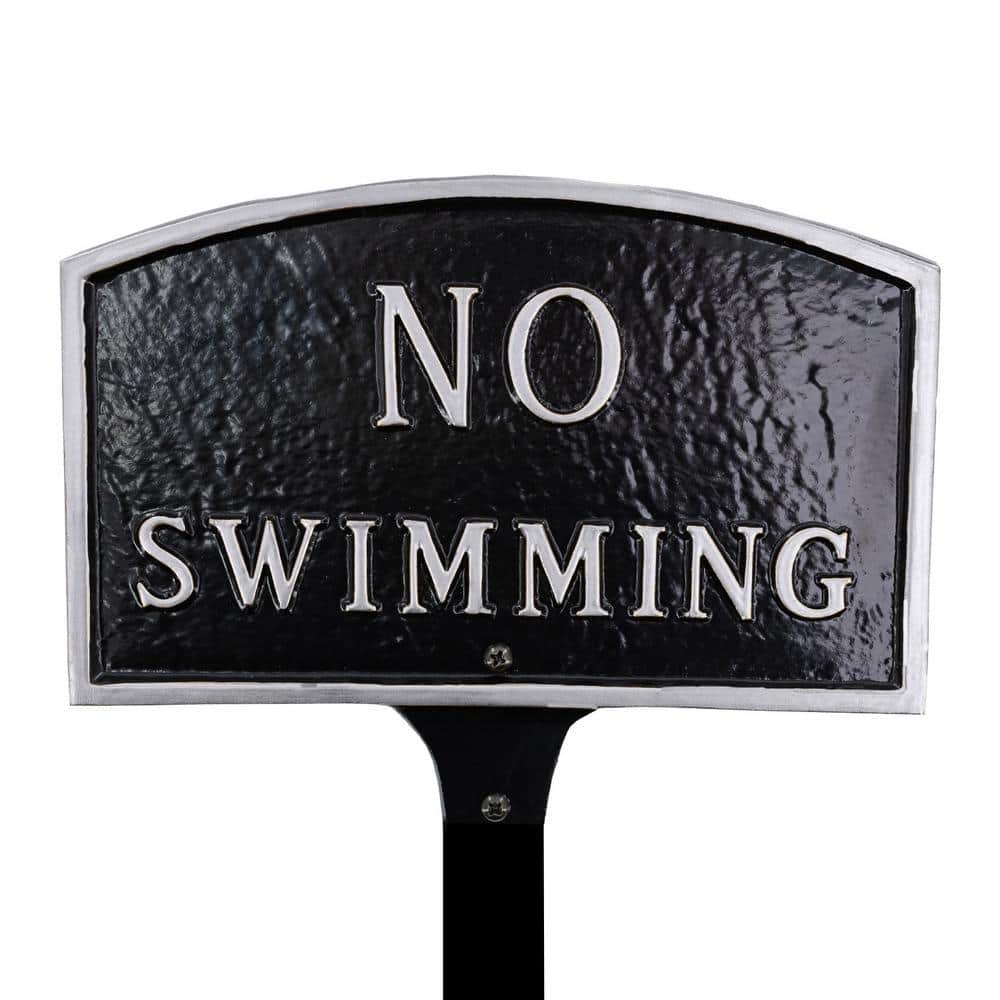 5.5 in. x 9 in. Small Arch No Swimming Statement Plaque Sign with Lawn Stake – Black/Silver - Hercitys