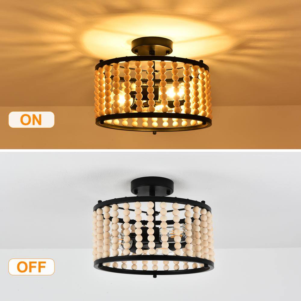 12.6 in. 3-Light Black Farmhouse Wood Beaded Shade Semi-Flush Mount Ceiling Light - Hercitys