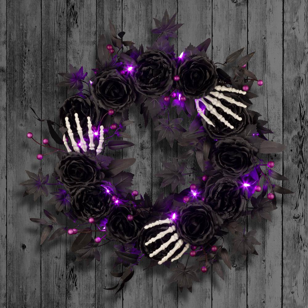 24 in. Bad to the Bone Halloween Wreath with 30 Purple LED Lights - Hercitys