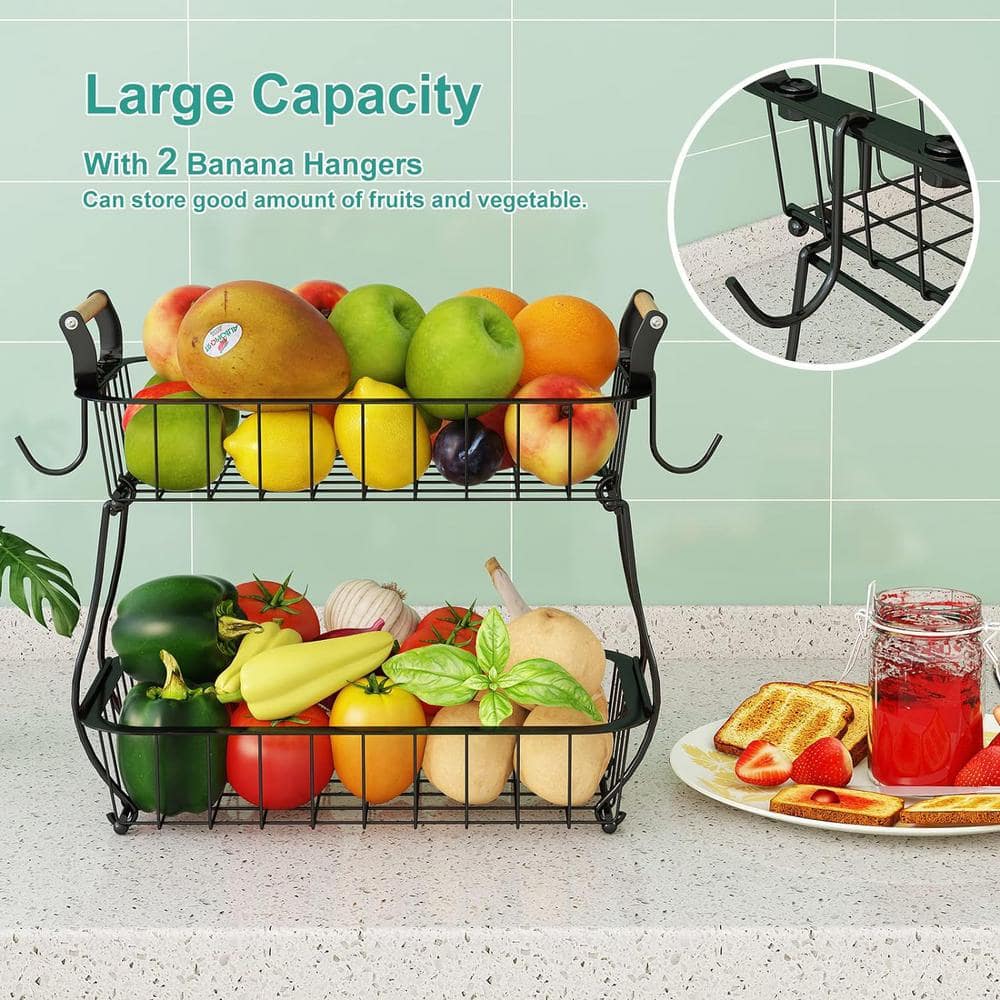 1-Piece 2-Tier Fruit Basket Bowl in Black with Side Hooks, Detachable Basket and Wooden Handle for Kitchen Countertop - Hercitys