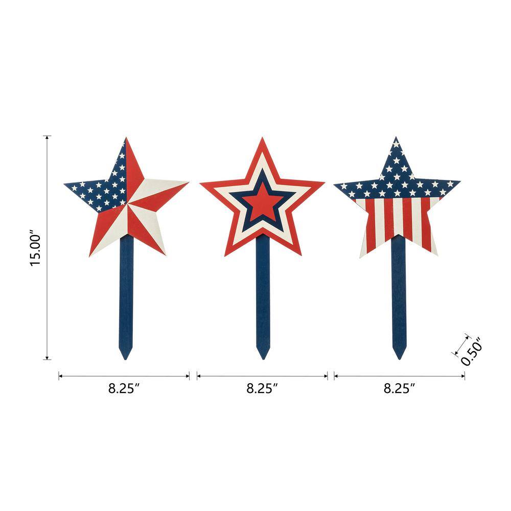 15 in. H Wooden Patriotic Star Yard Stake (Set of 3) - Hercitys