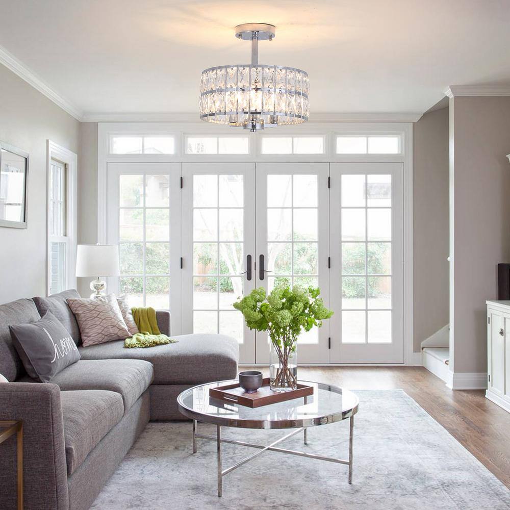 12.59 in. 3-Light Chrome Round Drum Semi-Flush Mount Ceiling Light with Clear Crystal and No Bulbs Included - Hercitys