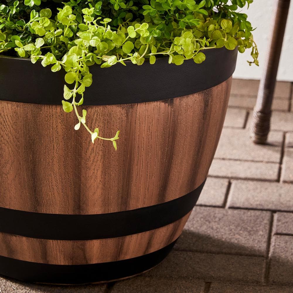 20 in. Reedley Large Kentucky Walnut Brown Resin Wine Barrel Planter (20 in. D x 14.5 in. H) - Hercitys