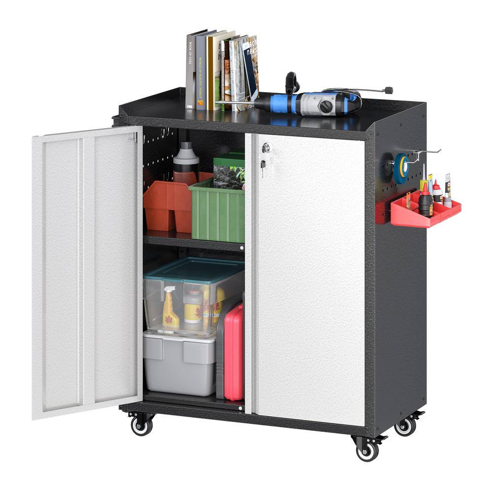 30 in. W x 35.5 in. H x 18 in. D Metal Freestanding Cabinet with Shelf, Pegboard, Side Push Handle in Black and Grey - Hercitys