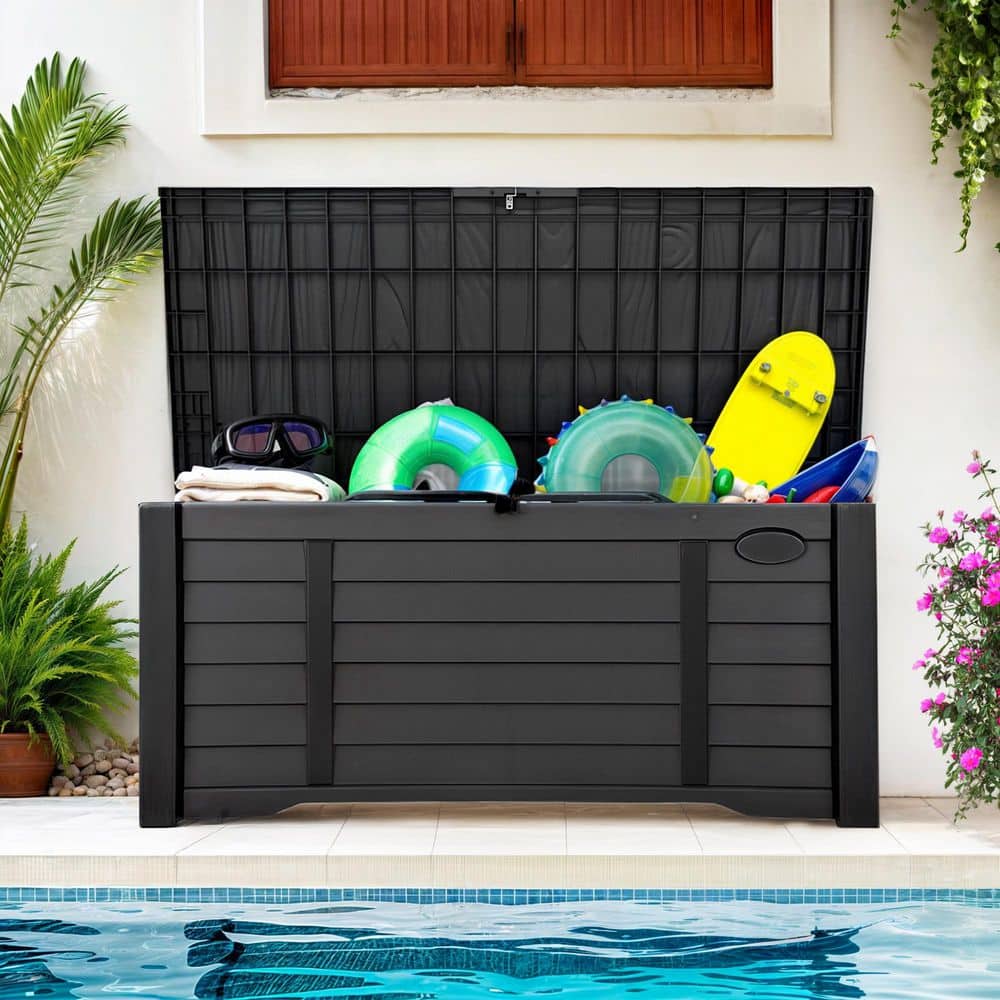 120 Gal. Water Resistant Resin Lockable Deck Box, Outdoor Storage For Patio Lawn and Garden, Black - Hercitys