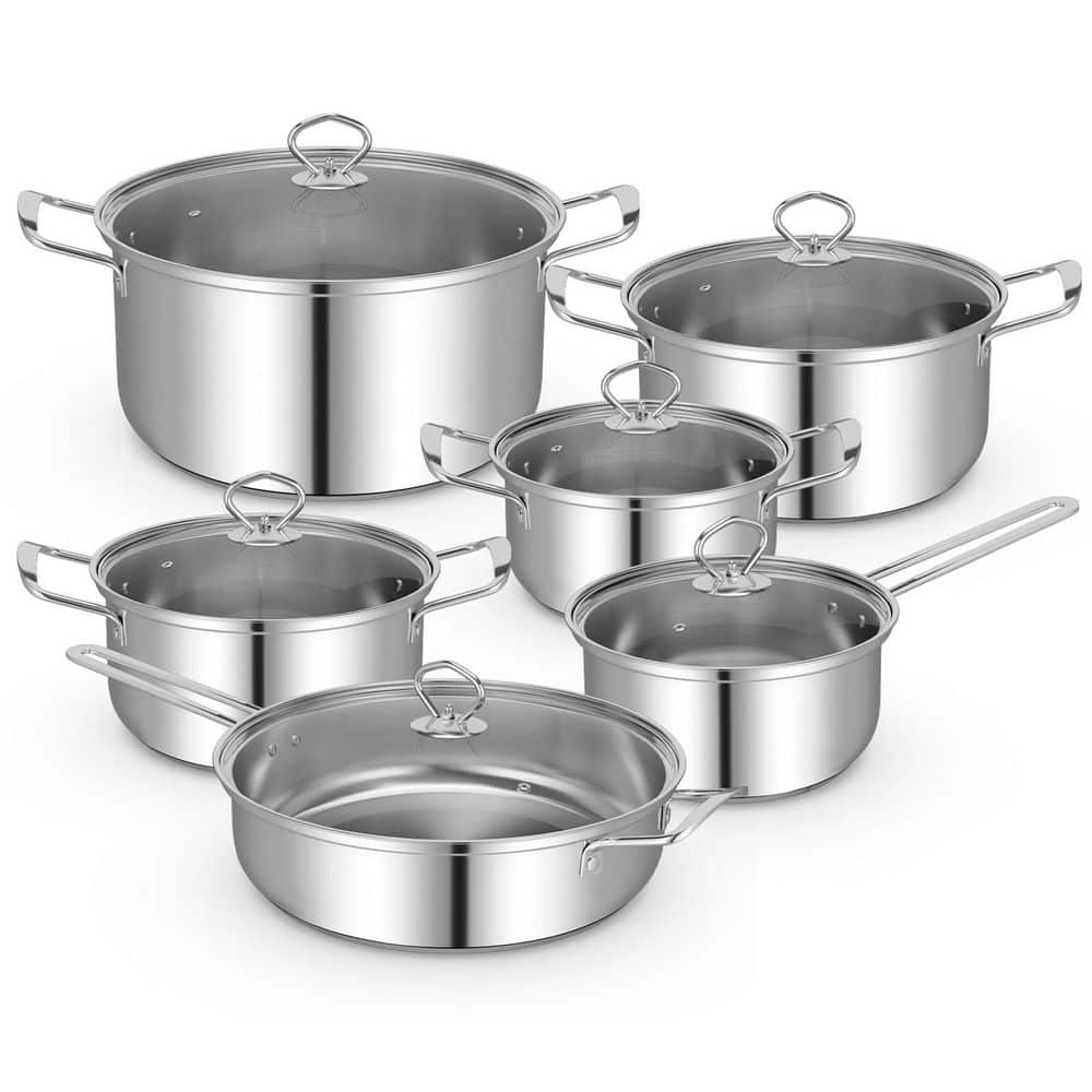 12-Piece Stainless Steel Pots and Pans Set with Tempered Glass Lids and Handles - Hercitys