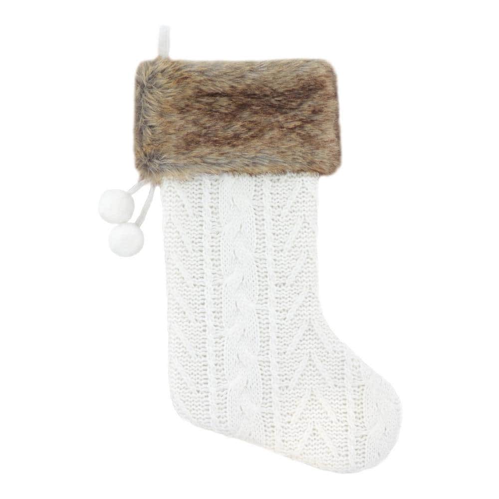 20 in. Off-White Knit Fabric Christmas Stocking with Brown Faux Fur Cuff and White PomPoms - Hercitys