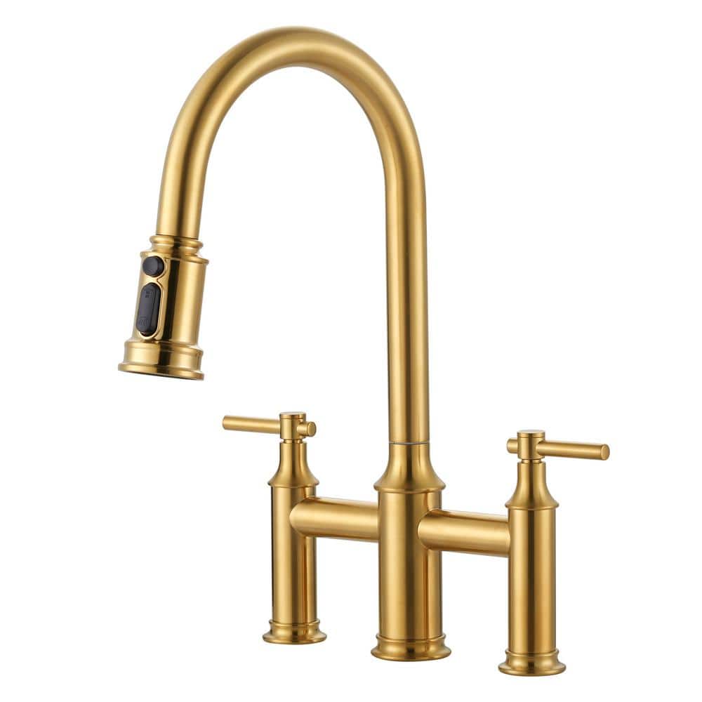 17.4 in Double Handle Pull Out Sprayer Kitchen 3 Hole Included Supply Lines in Polished Chrome - Hercitys