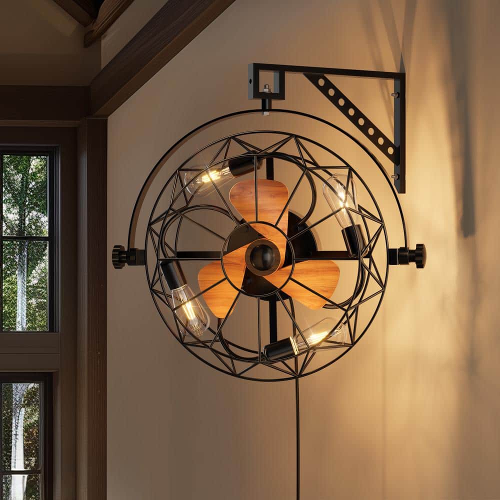 20 in. Indoor Black Low Profile Caged Ceiling Fan with Light Plug-in Farmhouse Wall Mounted Fan with Remote - Hercitys