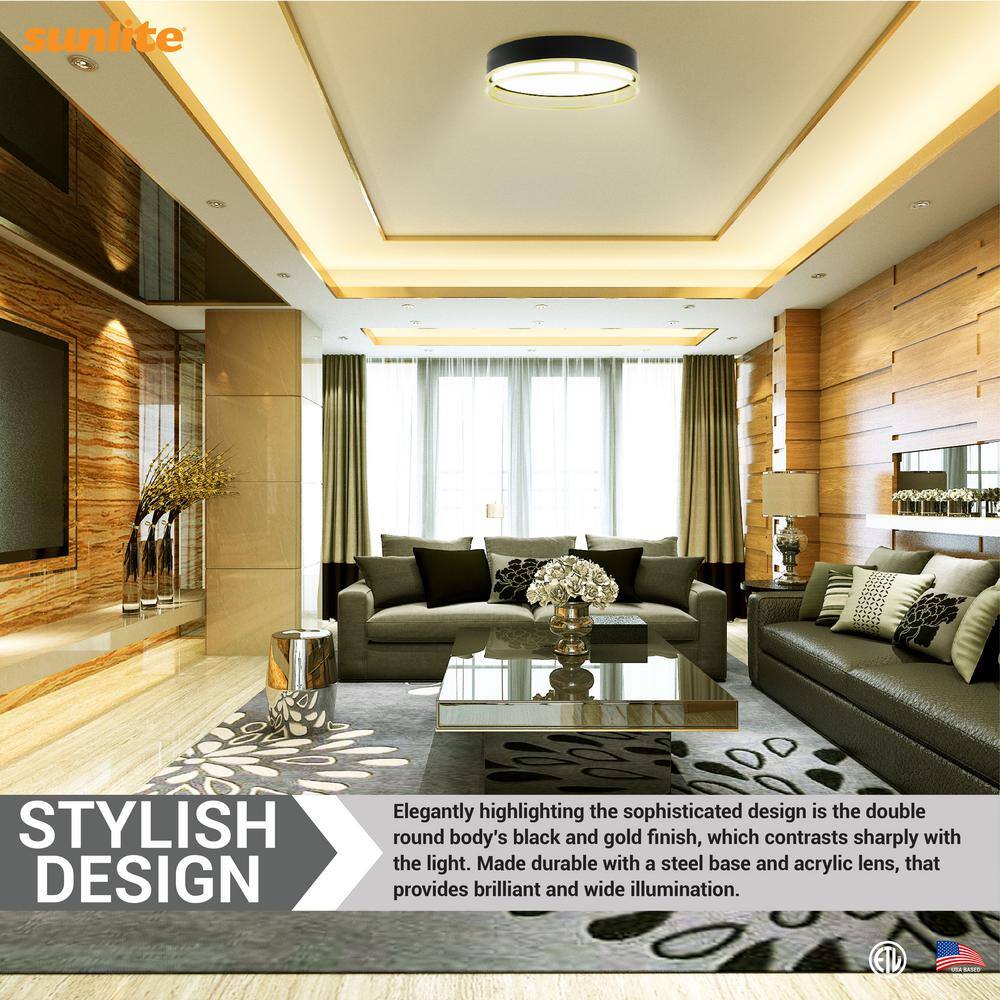 13 in. Black and Gold Flush Mount with Acrylic Shade Integrated LED, Selectable CCT - Hercitys