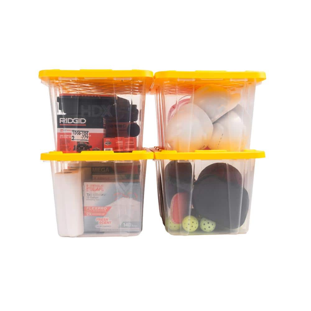 27 Gal. Tough Storage Tote in Clear with Yellow Lid (4-Pack) - Hercitys